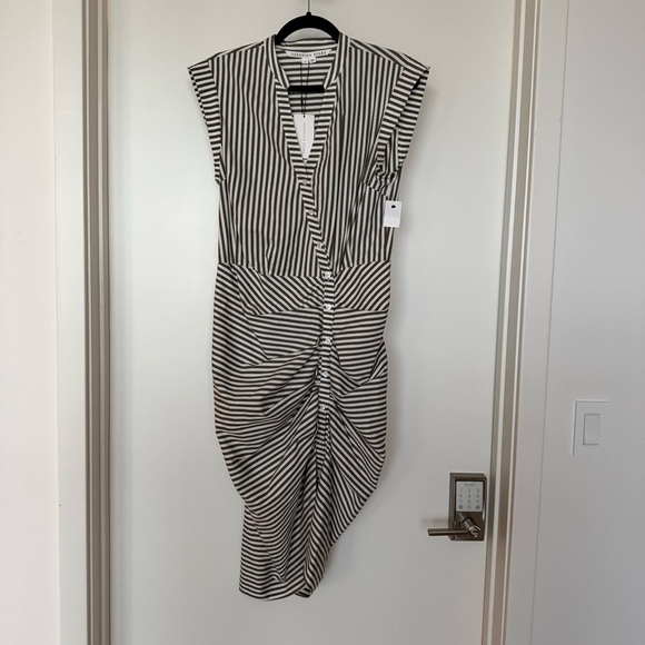 NWT ⭐️ VERONICA BEARD Ruched Striped Shirt Dress – Size 6 – Army Green/White - Picture 4 of 7